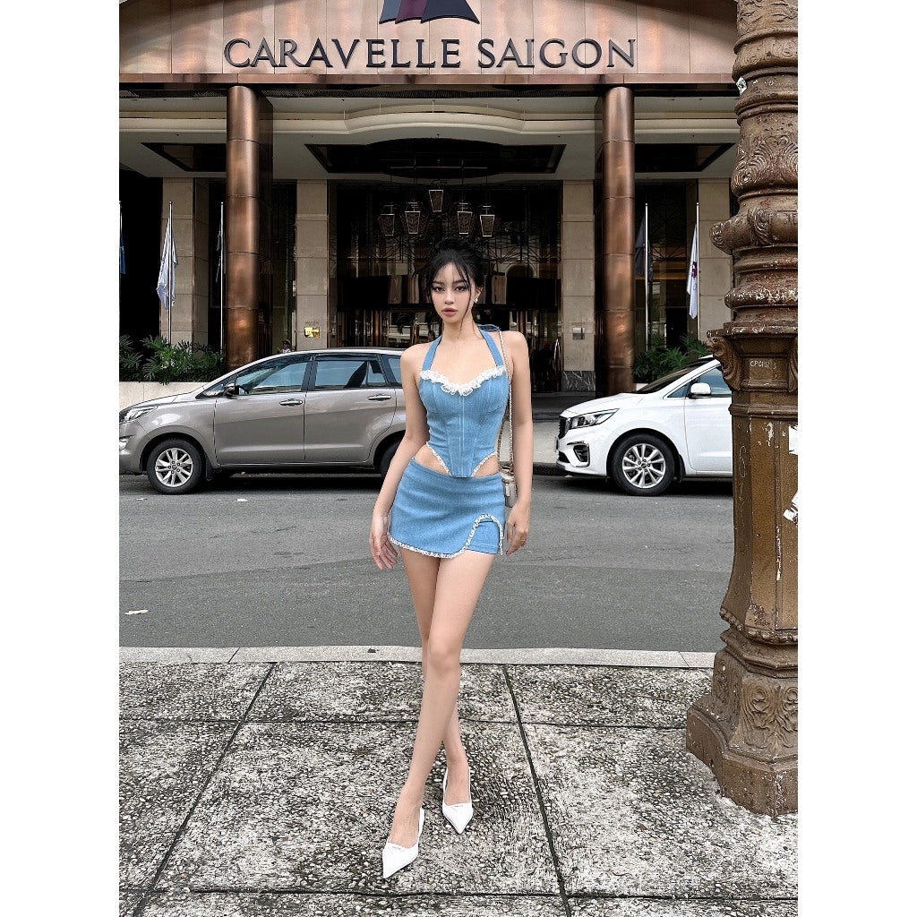 Aubrey Denim Set Lace Corset Top + Skirt Shorts LSEOUL B23091353