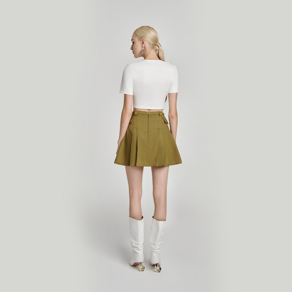 DEAR JOSÉ - JUPITER pleated mini skirt in olive green chino fabric