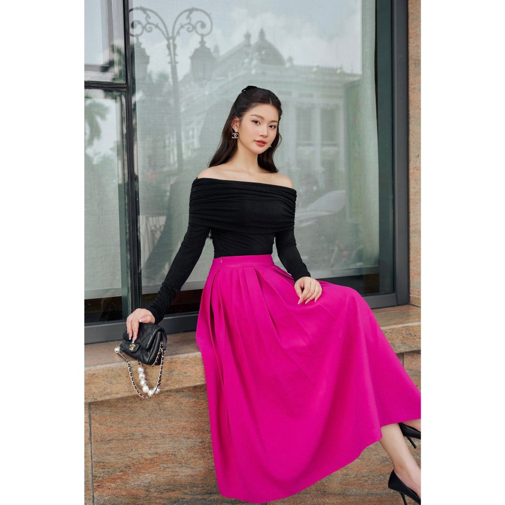 Chân váy midi Rachel Skirt HUONG BOUTIQUE BSZ10, 2 màu đen & hồng