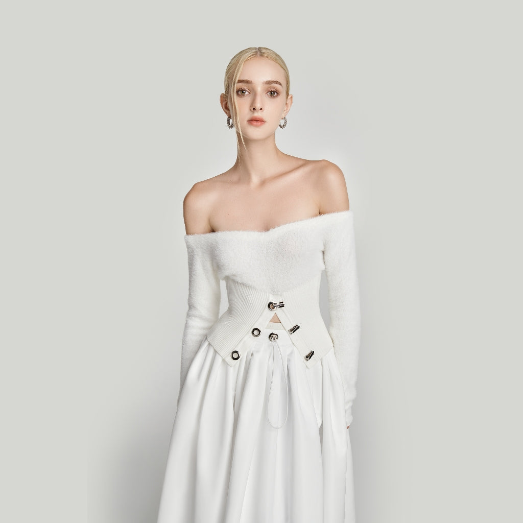 DEAR JOSÉ - PIXIE long-sleeved off-the-shoulder shirt in white fur