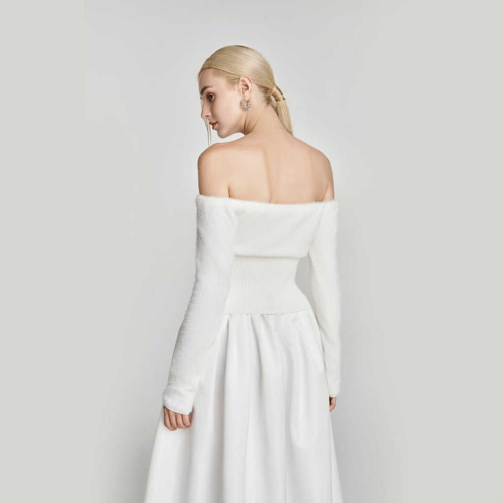 DEAR JOSÉ - PIXIE long-sleeved off-the-shoulder shirt in white fur