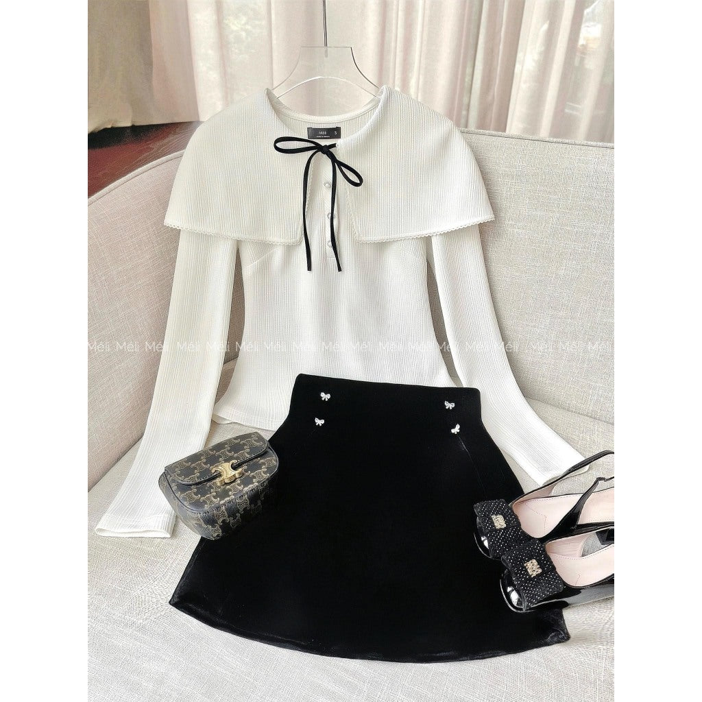 [VOUCHER_SALE]Long cream sweater with shoulder straps + Short A-line black velvet skirt with bow.