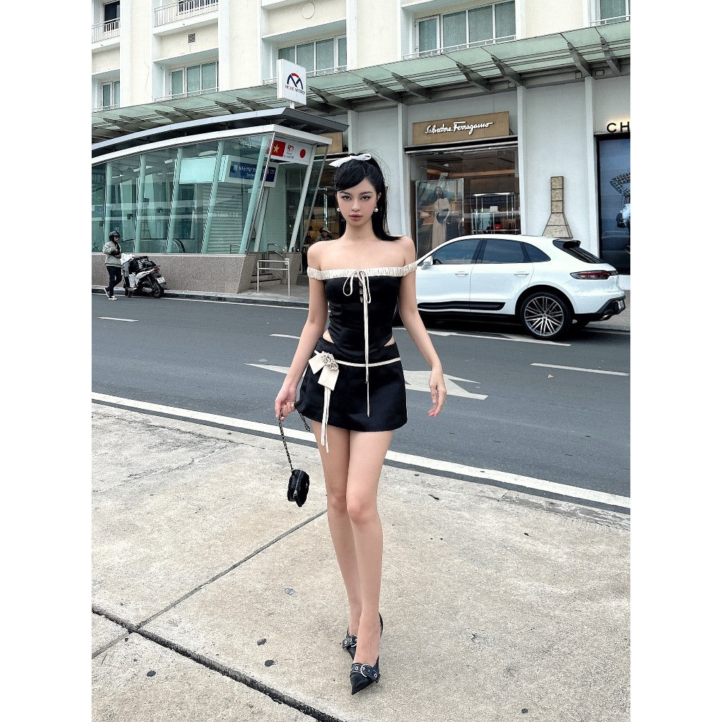 Divine Set Corset Crop Top with Flat Shoulder + Bow Short Skirt LSEOUL B23101358 Charming Personality 