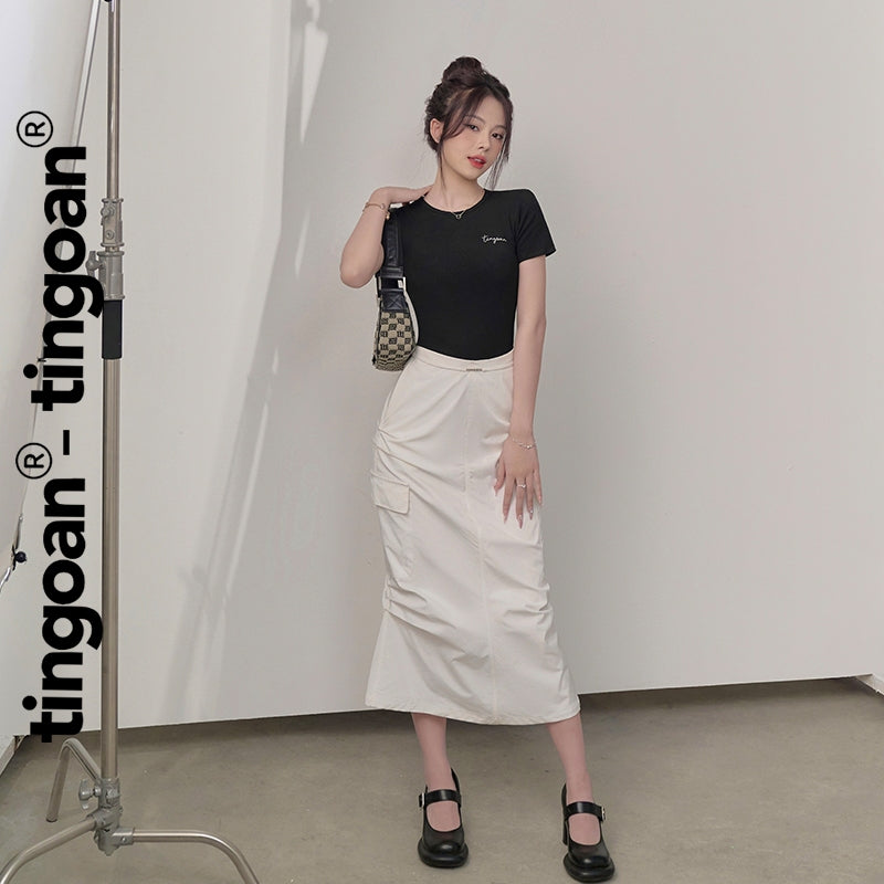 TINGOAN® - Long white skirt with high waistband and pockets on both sides, JI JI LONG SKIRT/WH