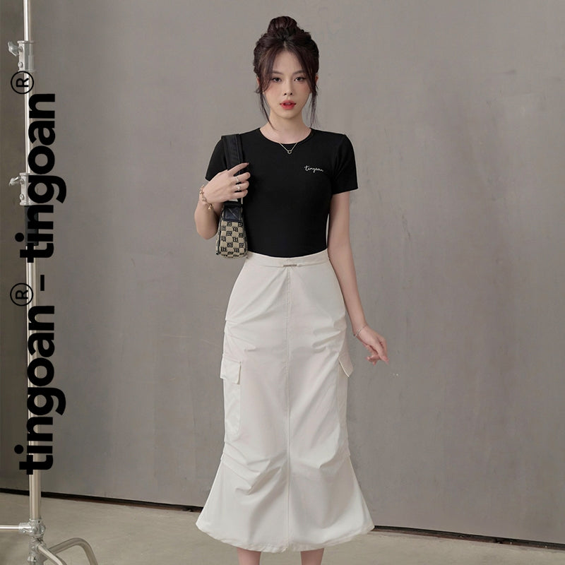 TINGOAN® - Long white skirt with high waistband and pockets on both sides, JI JI LONG SKIRT/WH