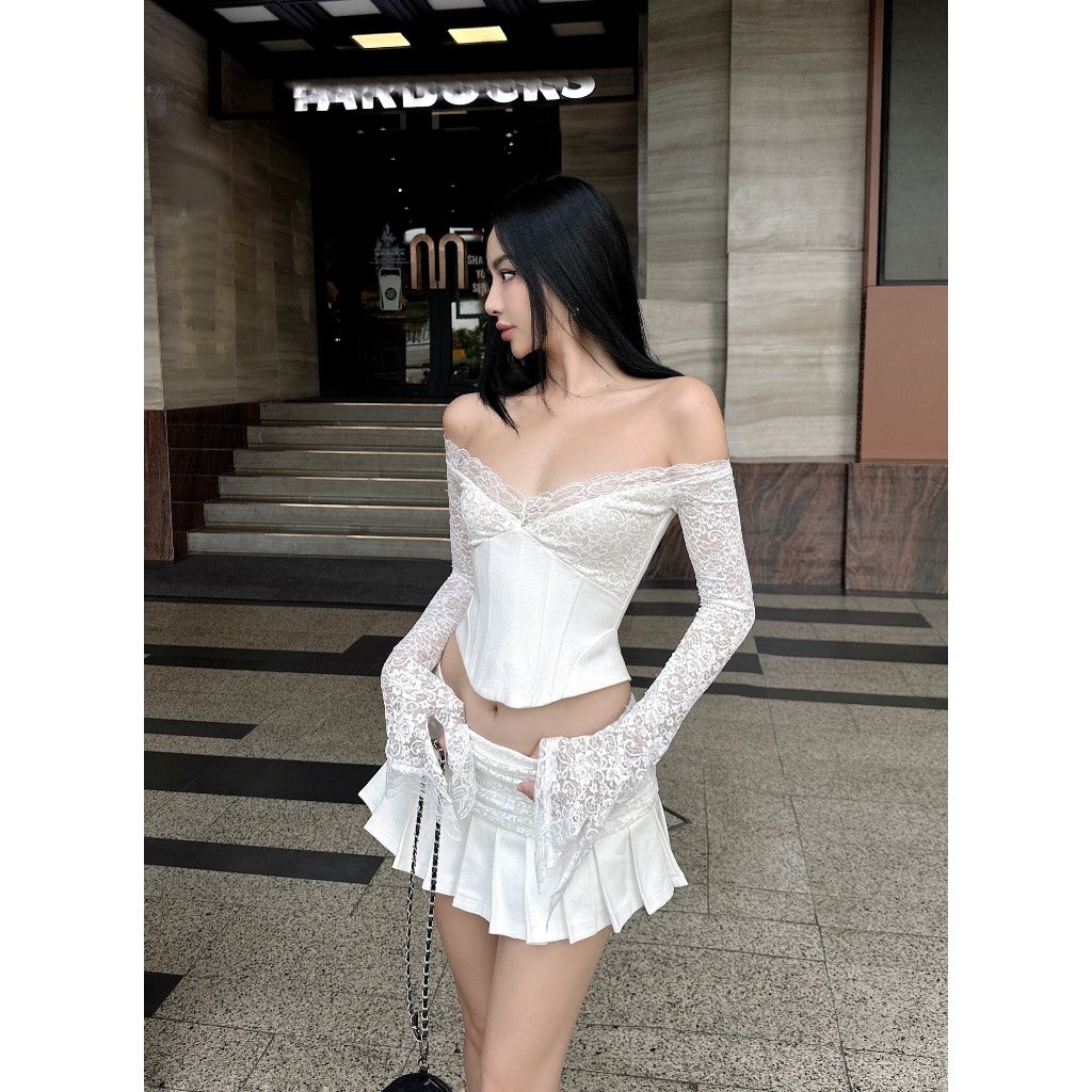 Selina Set Long Sleeve Lace Flat Shoulder Crop Top + Pleated Skirt LSEOUL B23101369 Sexy Feminine 