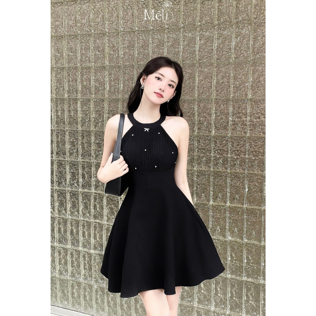 [VOUCHER_SALE]Applied set - Short black flared dress with sequined collar and rhinestones + Short black jacket with cream bow (yes)