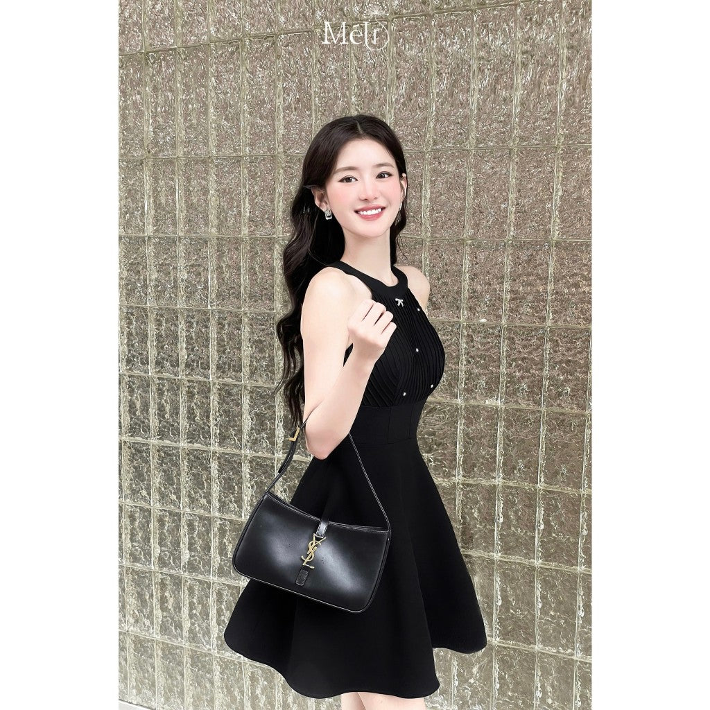 [VOUCHER_SALE]Applied set - Short black flared dress with sequined collar and rhinestones + Short black jacket with cream bow (yes)