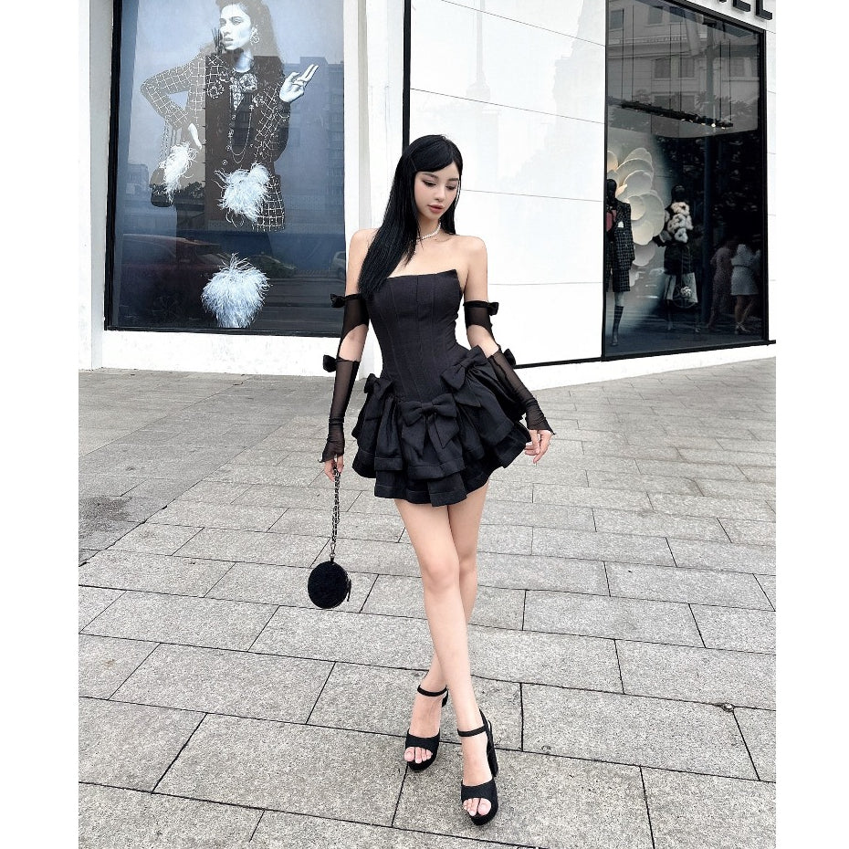 Haze Corset Swing Dress with Ruffles and Gloves LSEOUL V23101581 Feminine Party Wear 