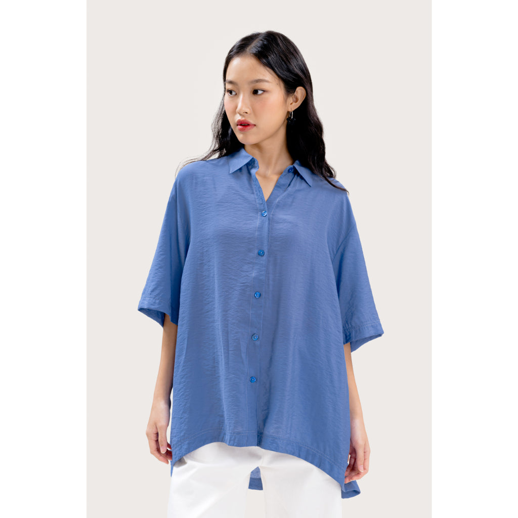 LIBÉ WORKSHOP Blue loose half-sleeved shirt