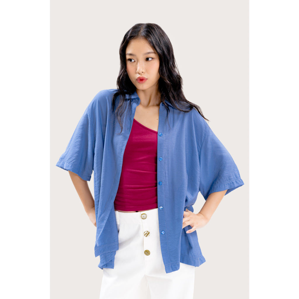 LIBÉ WORKSHOP Blue loose half-sleeved shirt