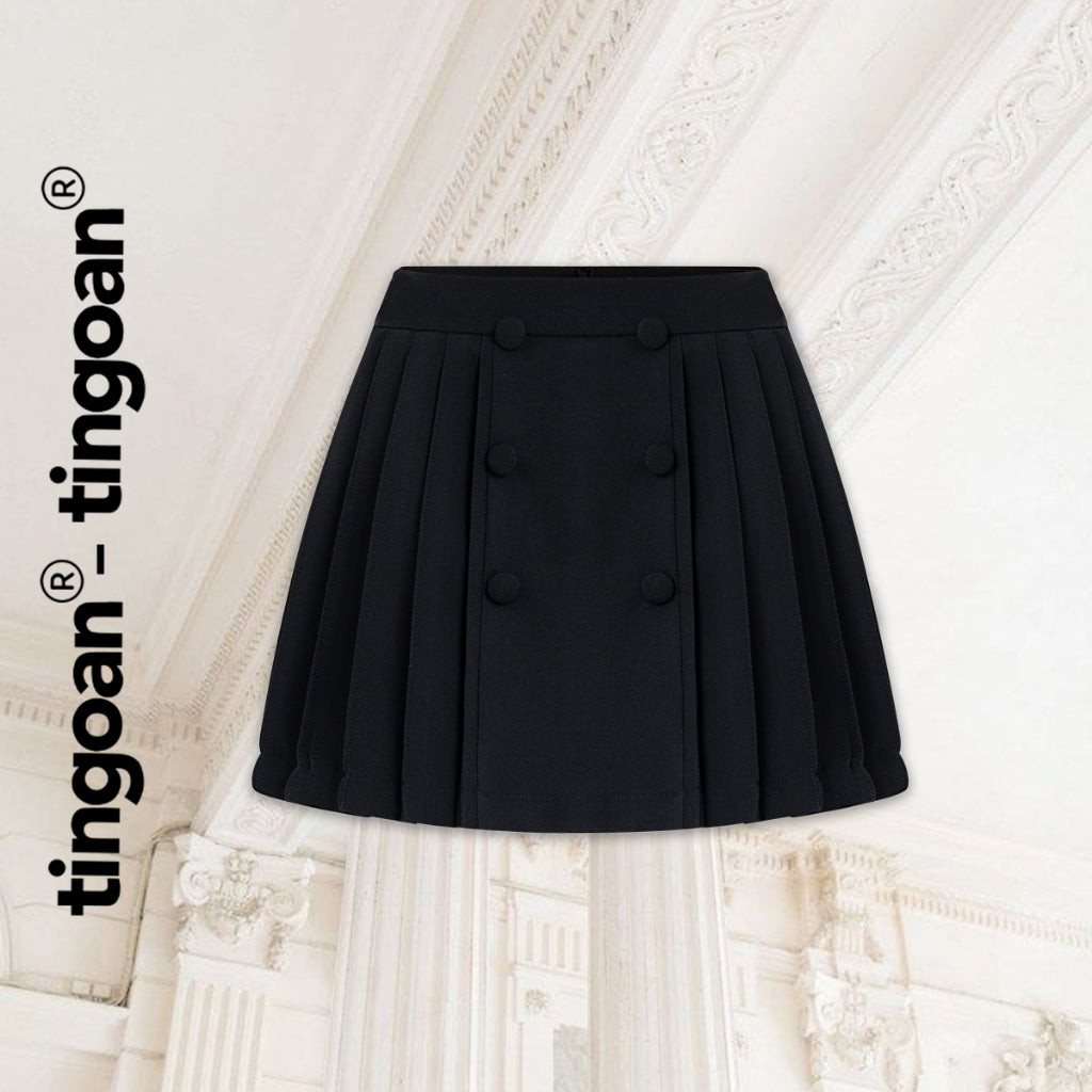 TINGOAN® - Symmetrical pleated short skirt with 6 black buttons ANNA SKIRT/BL