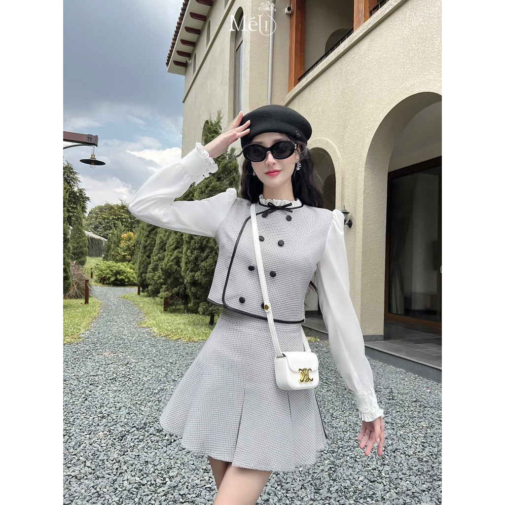 [VOUCHER_SALE]Sale set - Cream striped shirt with white collar and sleeves + Cream pleated short skirt - Méli design