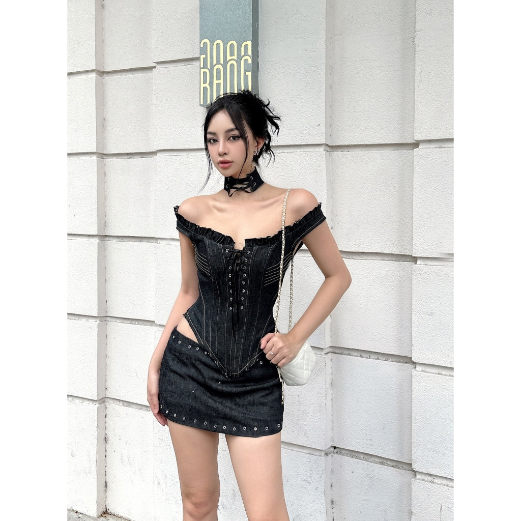 Asahy Denim Set Corset Shirt Flat Shoulder Knit Fox Eye With Choker + Low Waist Short Skirt LSEOUL B23091354 