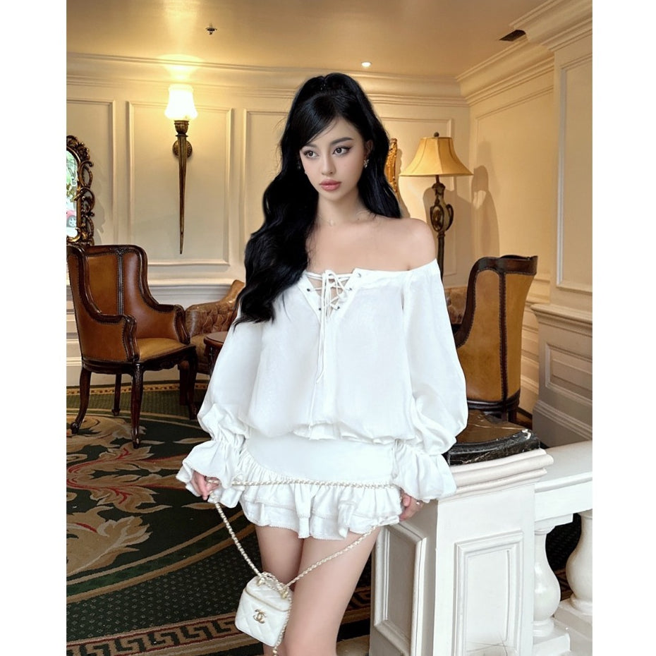 Off-the-shoulder babydoll knit top set + 2-tier flared skirt - Gabriel Set AMELIE 