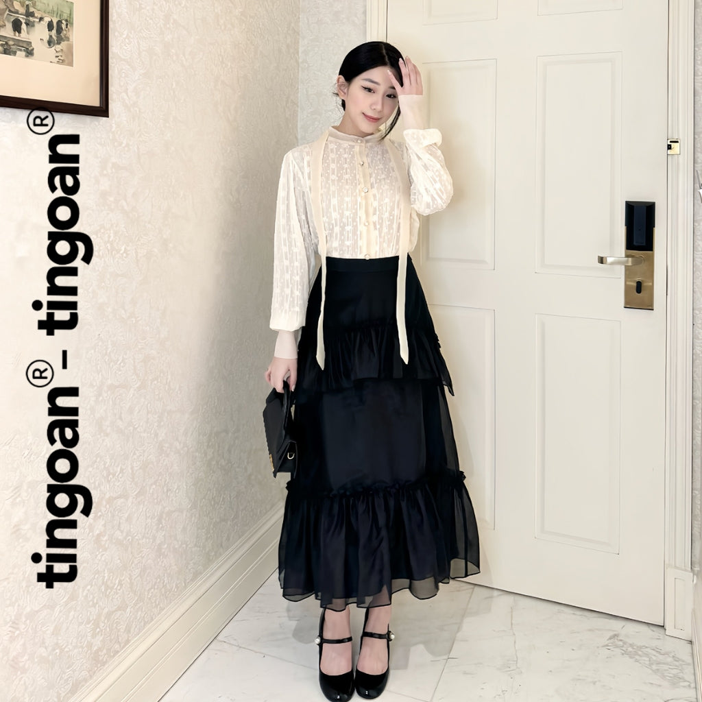 TINGOAN® - Chân váy dài cạp cao đen thêu chữ "TINGOAN" cạp sau váy bèo nhỏ 2 tầng LIU WEN SKIRT/BL