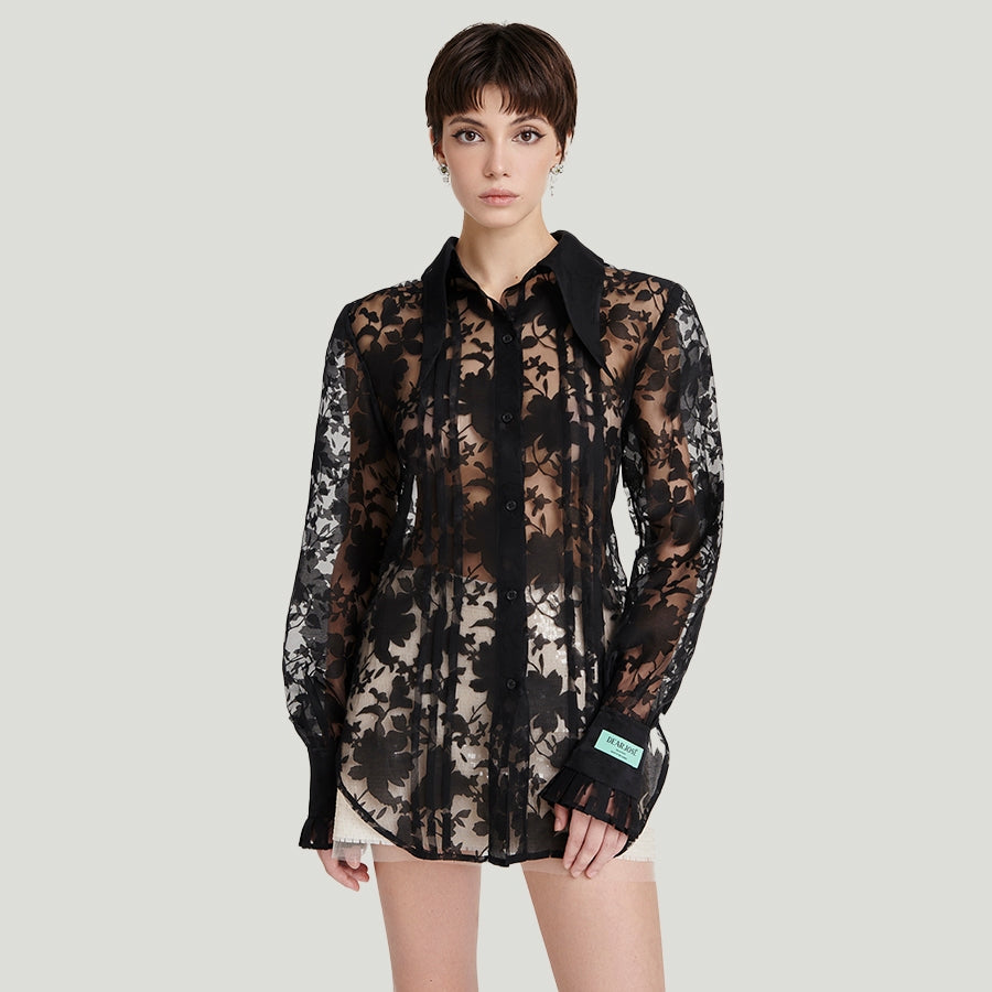 DEAR JOSÉ - DAPHNE see-through blouse in black floral organza