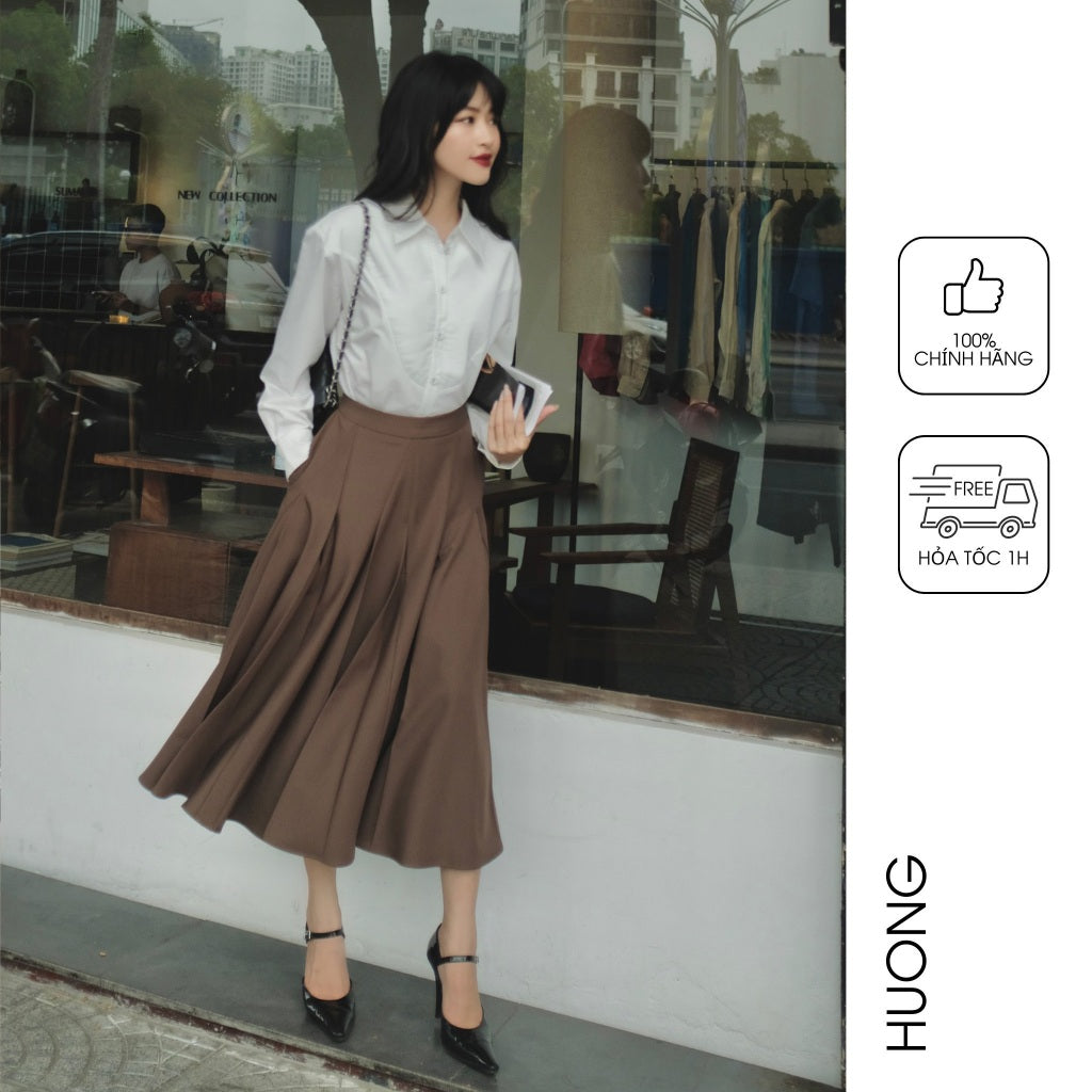 Chân váy midi nữ HUONG BOUTIQUE HBZ359 dáng dài, can múi, xếp li bất đối xứng