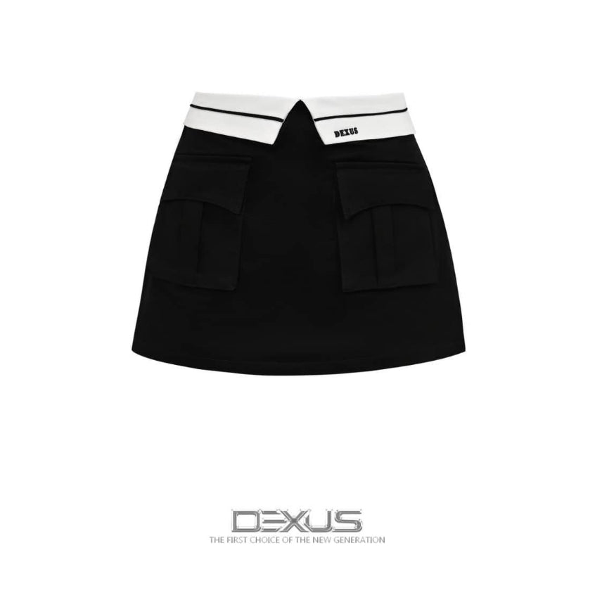 Women's Boxy Pocket Skirt Made of Raw Khaki with White Scoop, Youthful Short A-Line, Extremely Hacked Shape _DXCV140078