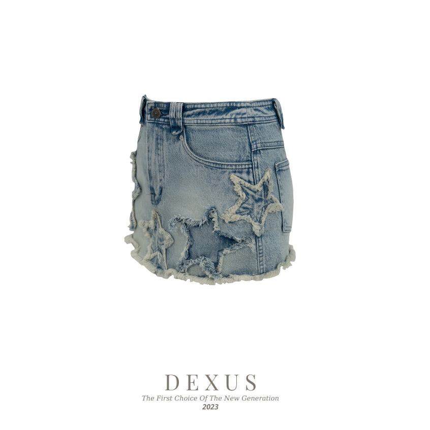 Youthful and dynamic short A-line women's star denim skirt _DXCV70064