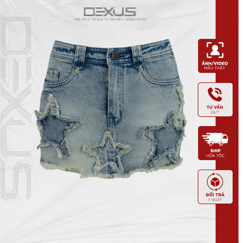 Youthful and dynamic short A-line women's star denim skirt _DXCV70064