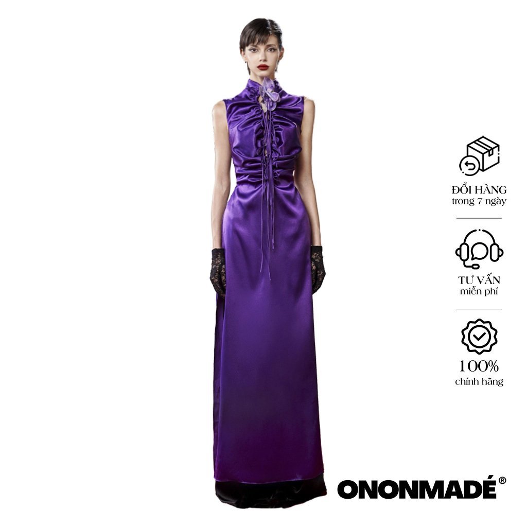 ONONMADE Elegant Ao Dai for Tet Season Short-sleeved Tie-in-front High Collar (Pants Included)