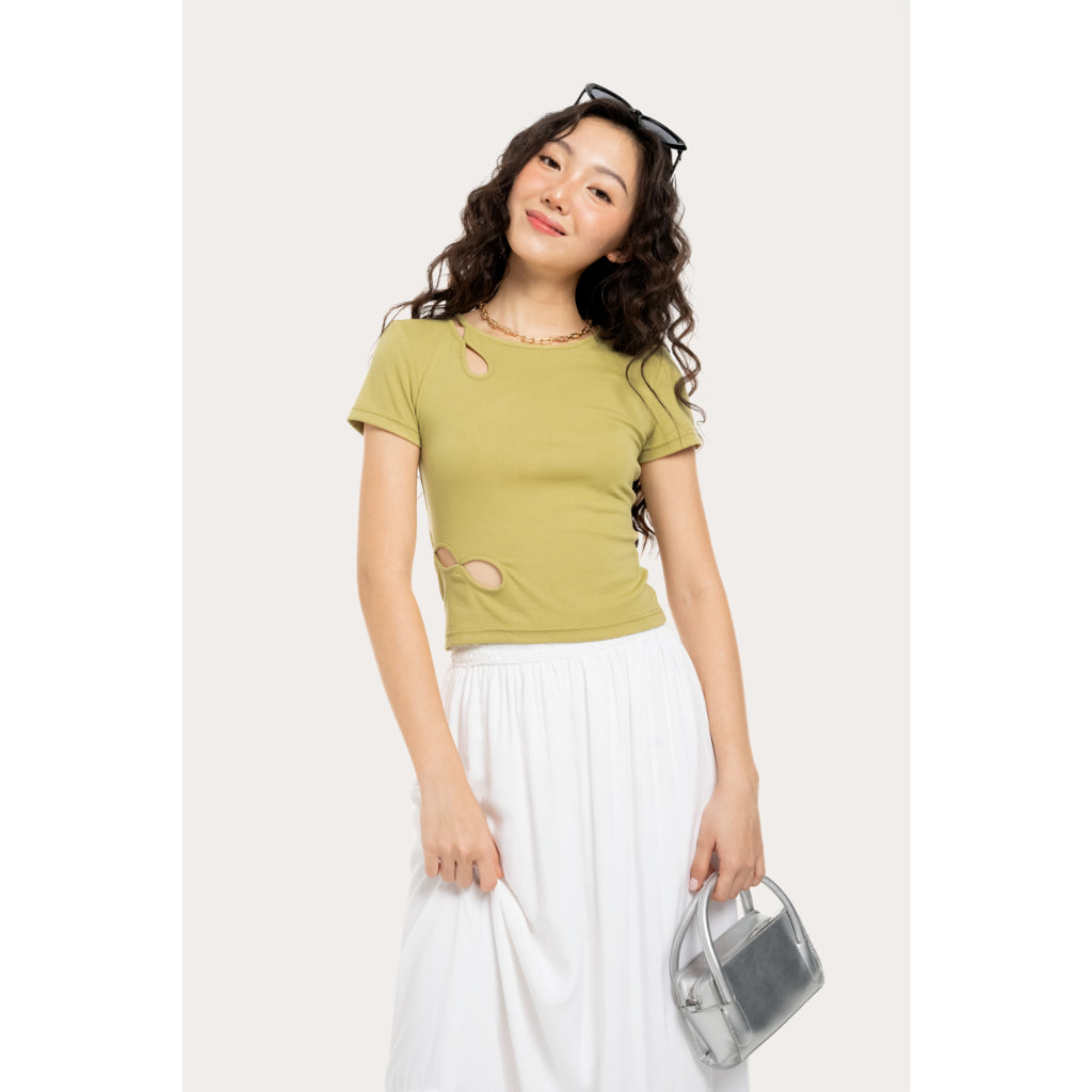 LIBÉ WORKSHOP - Olive yellow short-sleeved cut-out t-shirt