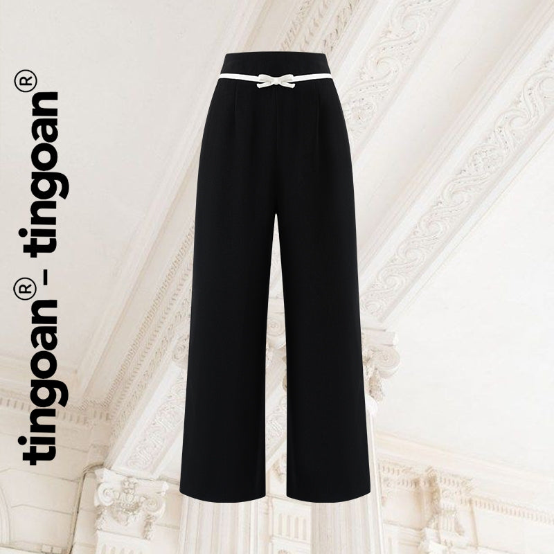 TINGOAN® - High-waisted black long culottes with white ribbon and zip back MAIA CULOTTES/BL