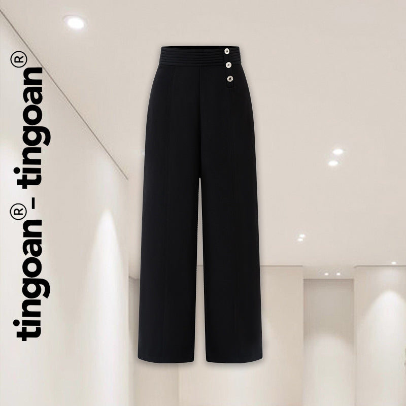 TINGOAN® - High-waisted black long culottes with 3 buttons and buckled waistband PANNIE CULLOTES/BL