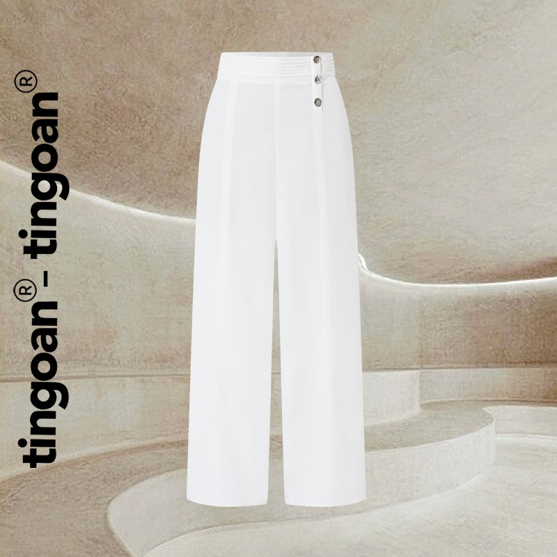 TINGOAN® - High-waisted white long culottes with 3 buttons and buckled waistband PANNIE CULLOTES/WH