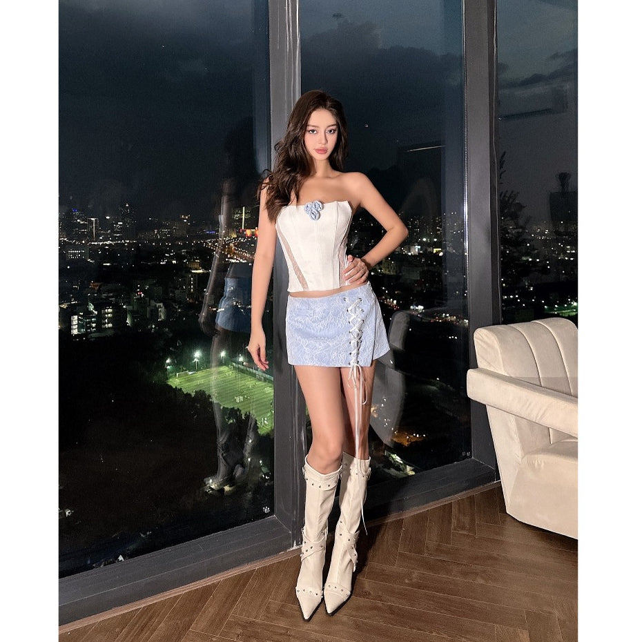 Set Emma Áo Corset Cúp Ngực Phối Ren + Quần Váy Dây Đan LSEOUL B23101371 Cá Tính Quyến Rũ