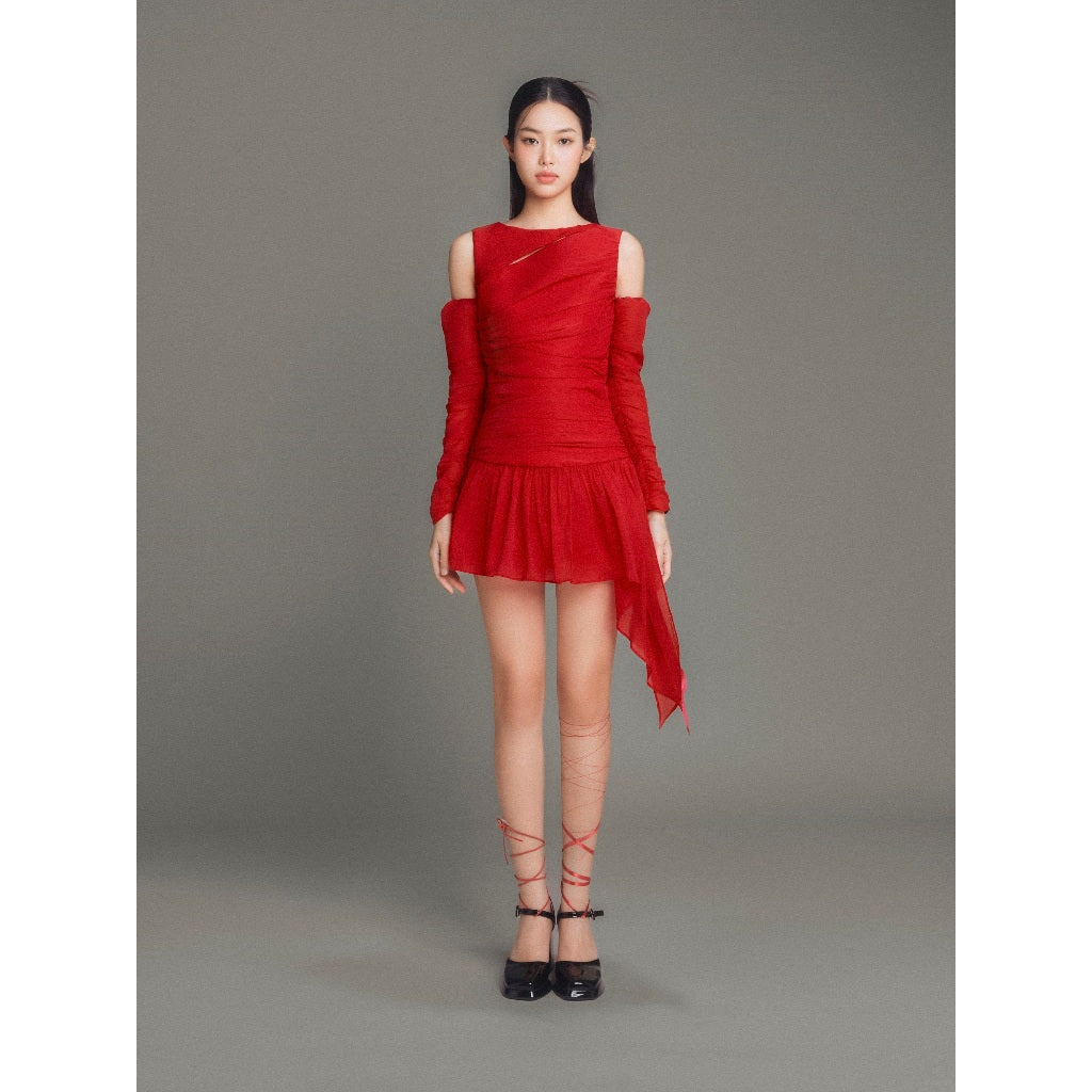 Slanted pleated spongy silk dress | HANNA DRESS - CLÉLIE 