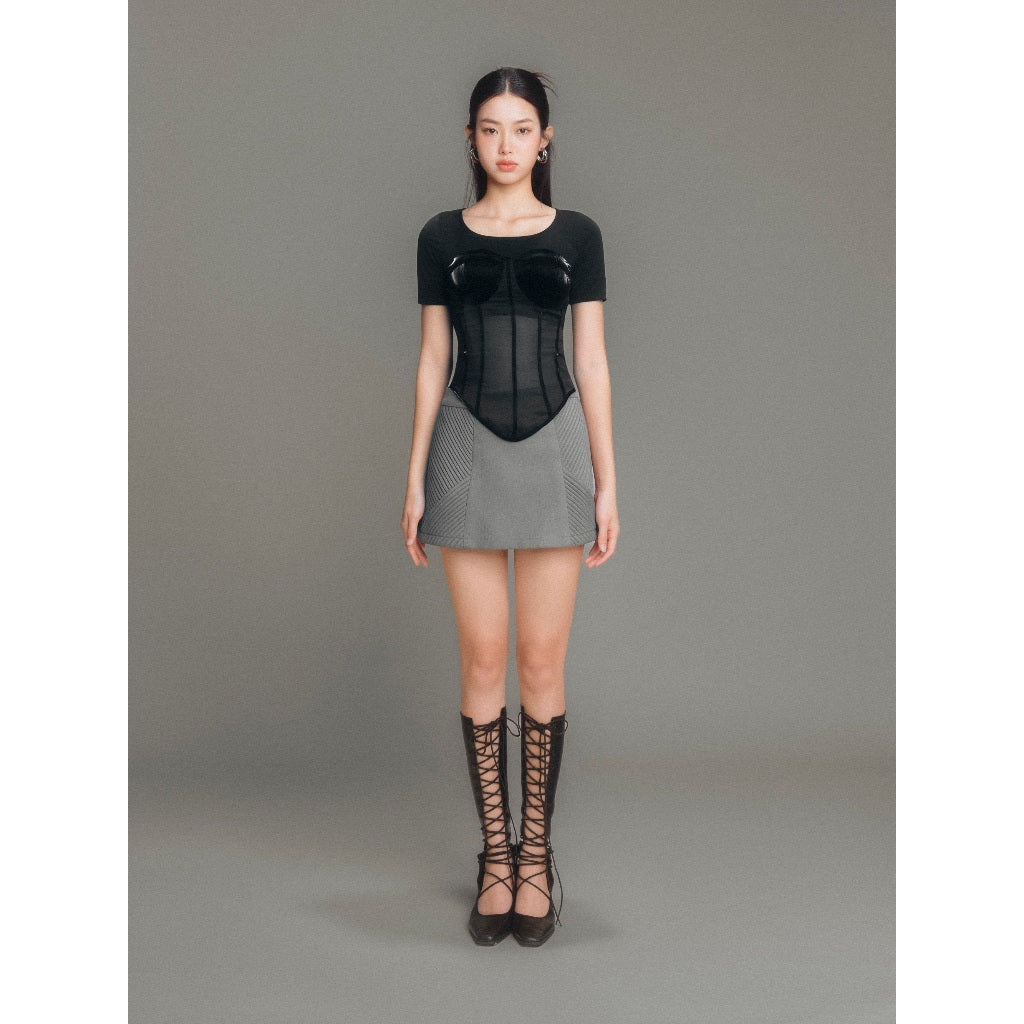 See-through Corset shirt mixed with metallic leather | LUCID TOP - CLÉLIE 