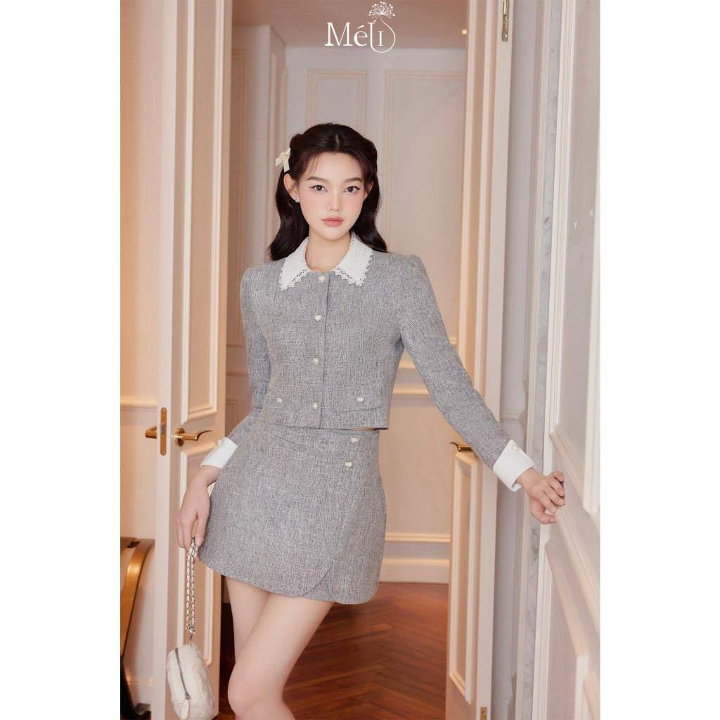 Pepper-colored tex jacket with lace collar - pepper A-shaped tex skirt