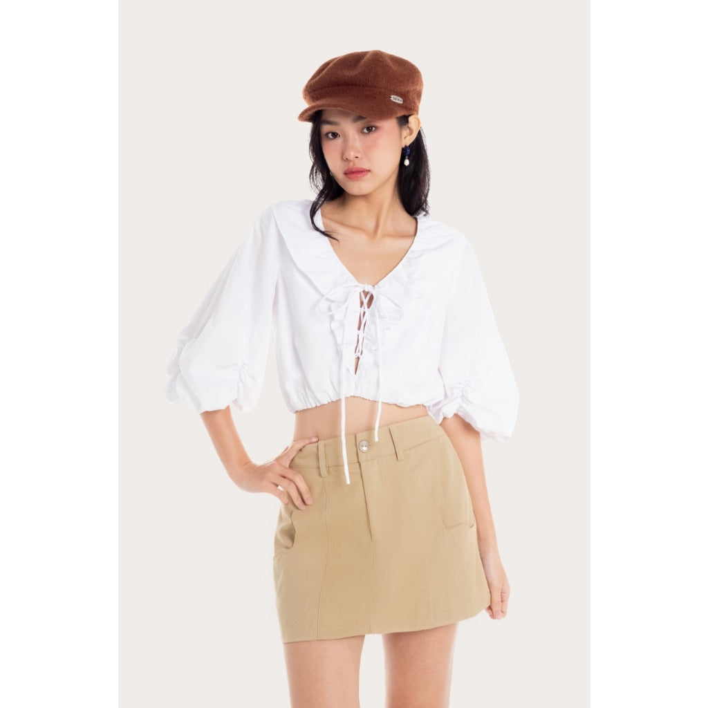 LIBÉ WORKSHOP - Bow-front style shirt with puffed half-sleeve and white ruffles