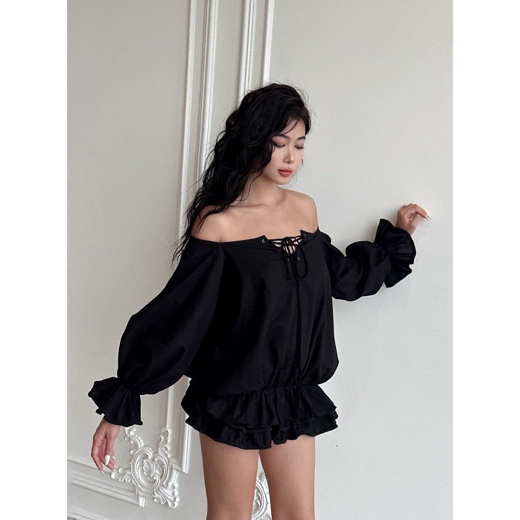 Babydoll off-shoulder lace-up top set + 2-layer flared skirt BLACK - Gabriel Set AMELIE 