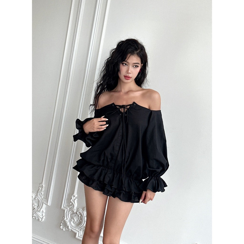 Set bí babydoll trễ vai đan dây + Chân váy xoè 2 tầng ĐEN - Gabriel Set AMELIE