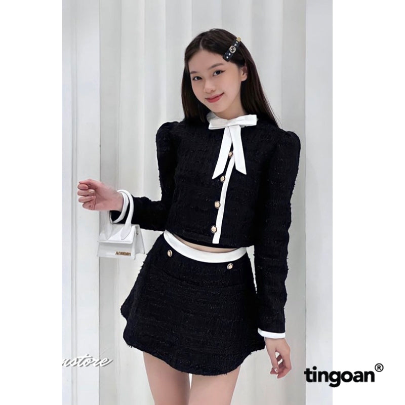 TINGOAN® - Áo tweed crop form lửng phối nơ cổ lệch hàng cúc ROSE TEA TOP/BL