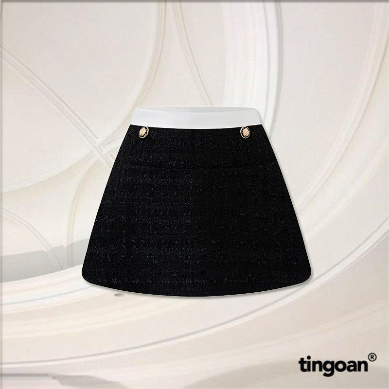 TINGOAN® - Black tweed skirt with white trim and 2 buttons ROSE TEA SKIRT/BL