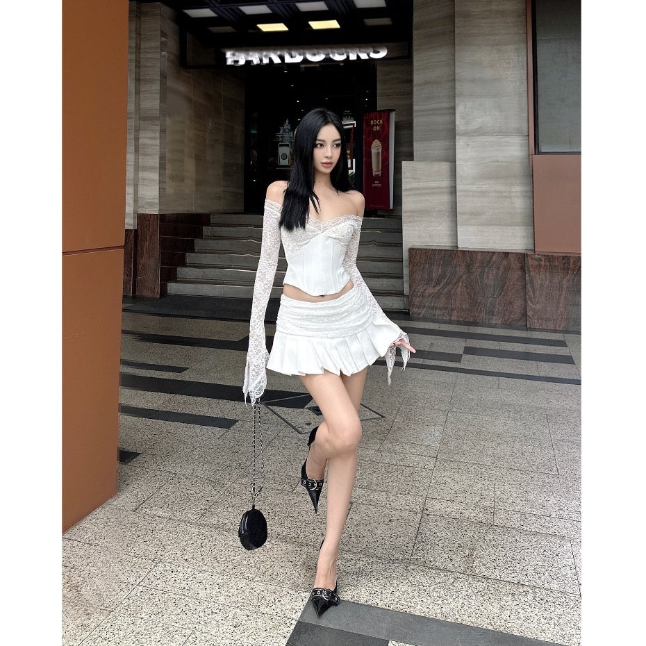 Selina Set Long Sleeve Lace Flat Shoulder Crop Top + Pleated Skirt LSEOUL B23101369 Sexy Feminine 