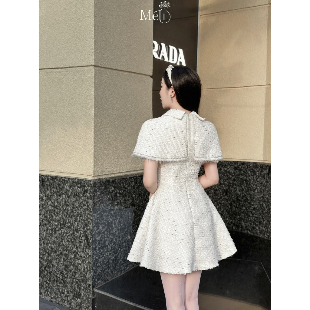 White tweed flared short shoulder lace dress - White tweed material with flared shape - Méli design