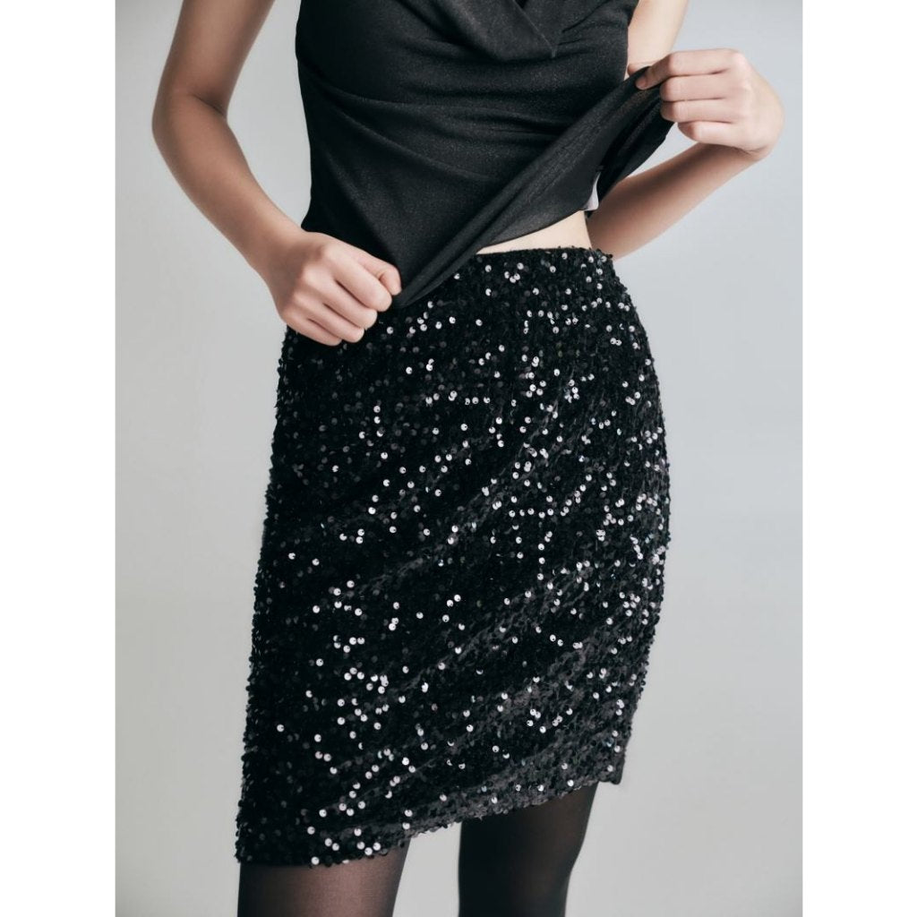 MONO TALK mini skirt Sequin mesh lining silk pants inside MCS23W-B20007TK