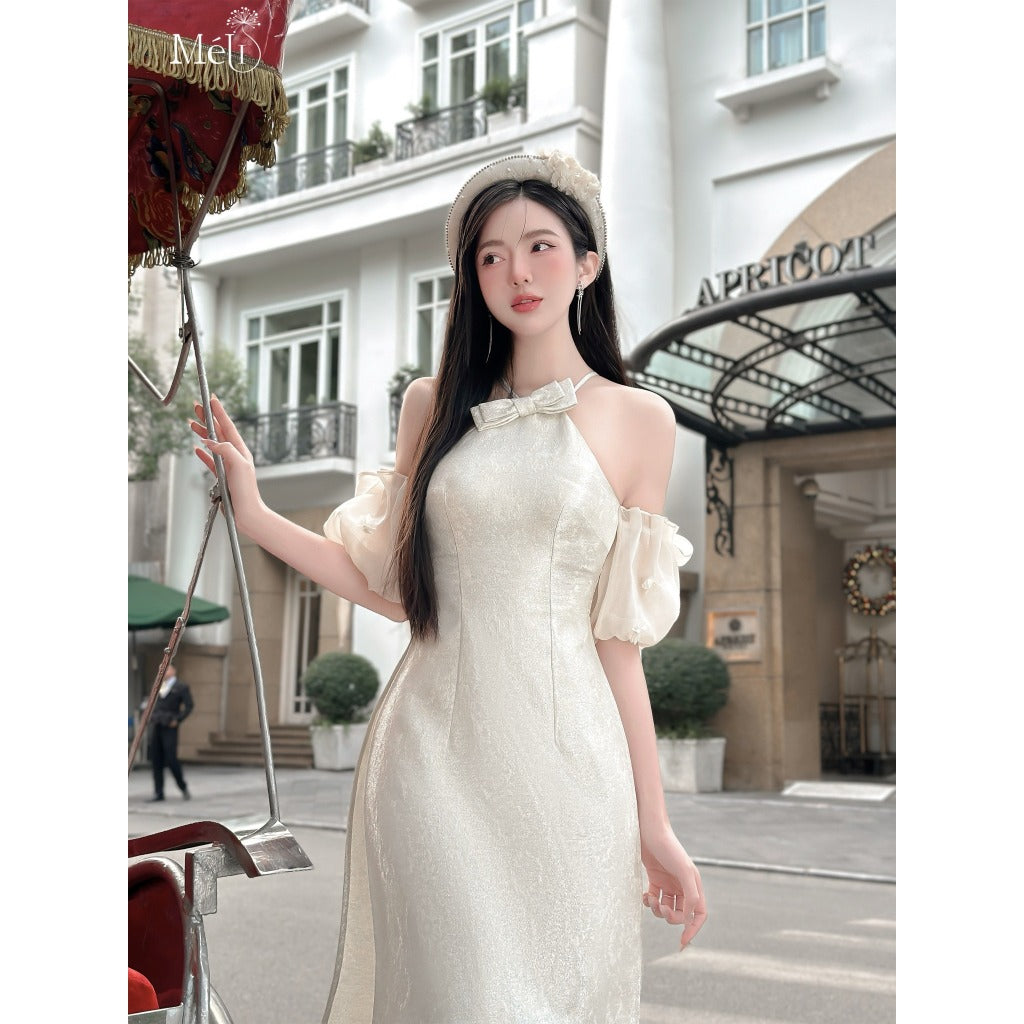 Cream brocade ao dai with halter neck with 3D flowers - Material: shimmer taffta, shape: slim ao dai, halter neck, padded