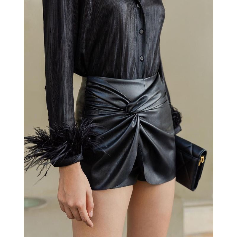 Women's Unique Elegant Short Twist Waist Leather Skirt_DXCV30002