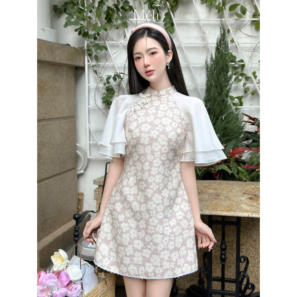 Short, straight tex ao dai with white silk mix - Material: floral patterned tex fabric, shape: short A straight