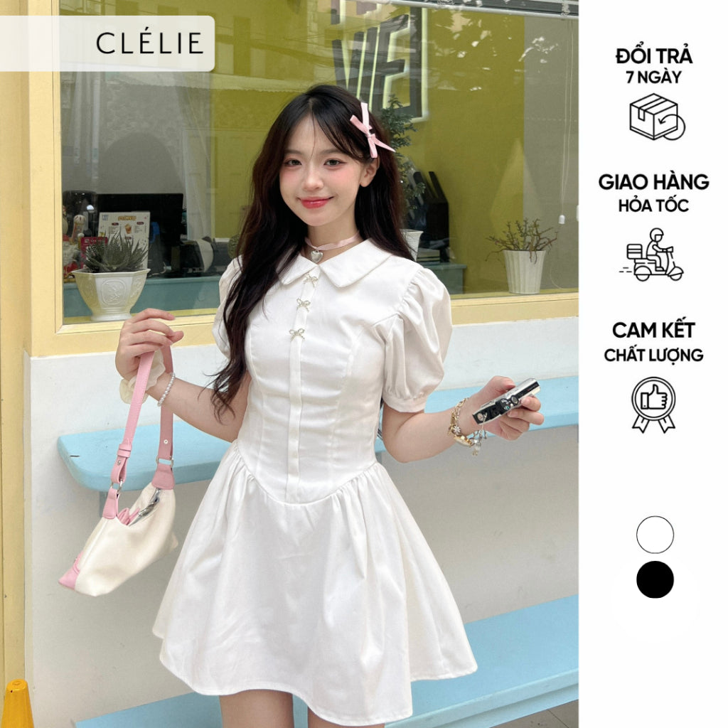 Lotus collar dress with rhinestone bow and flared sleeves | DORIS - CLÉLIE 