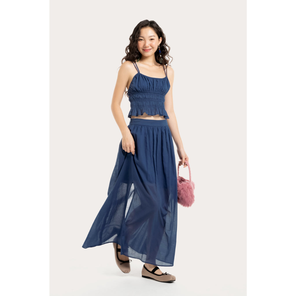 LIBÉ WORKSHOP - Blue ankle-length flared skirt with right side slit