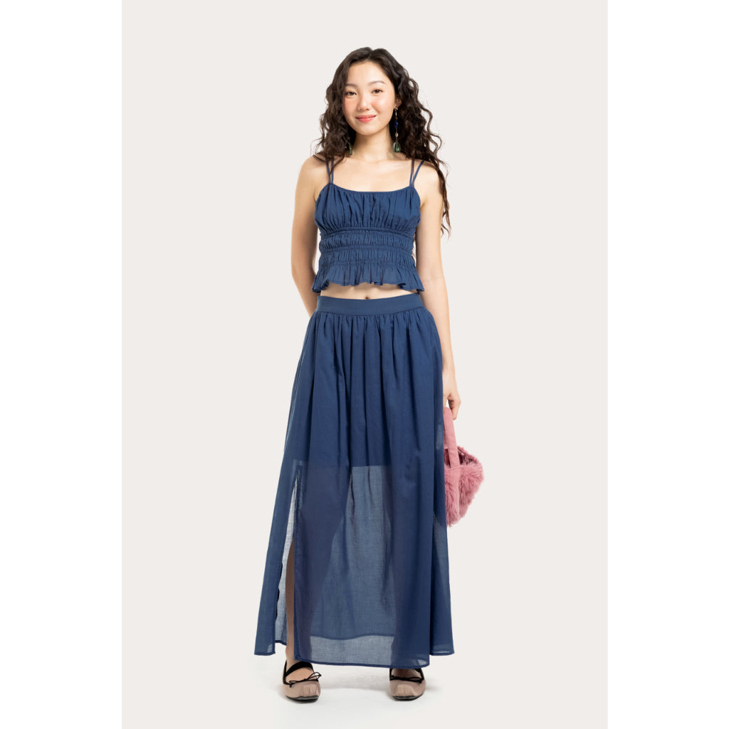 LIBÉ WORKSHOP - Blue ankle-length flared skirt with right side slit