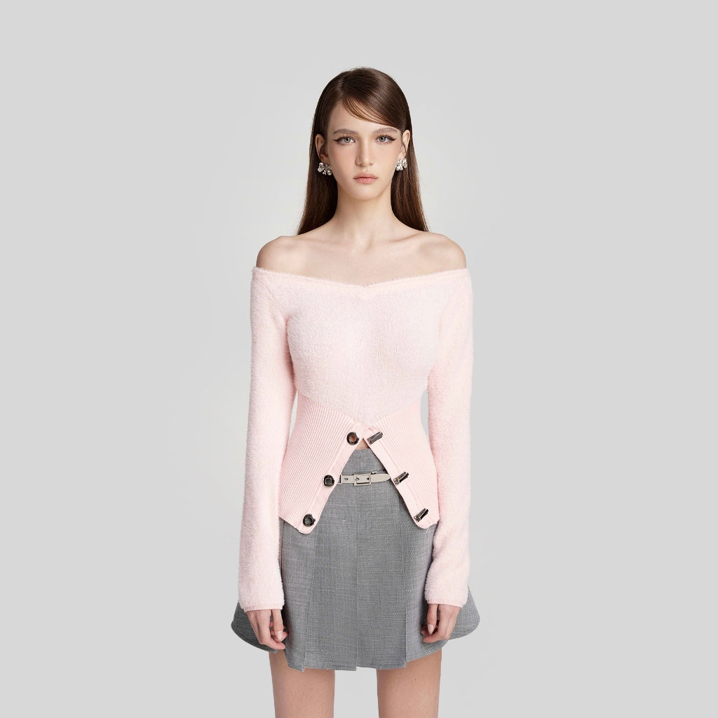 DEAR JOSÉ - PIXIE long-sleeved off-the-shoulder shirt in baby pink fur fabric