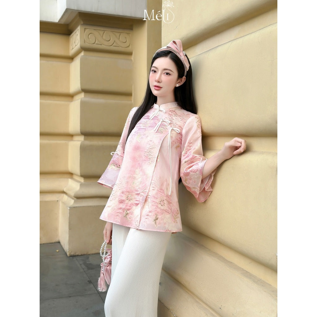 [HUNTING FOR SALE 3.3] Floral Set - Material: Pink silk with floral patterns, shape: loose short sleeves - Méli Design